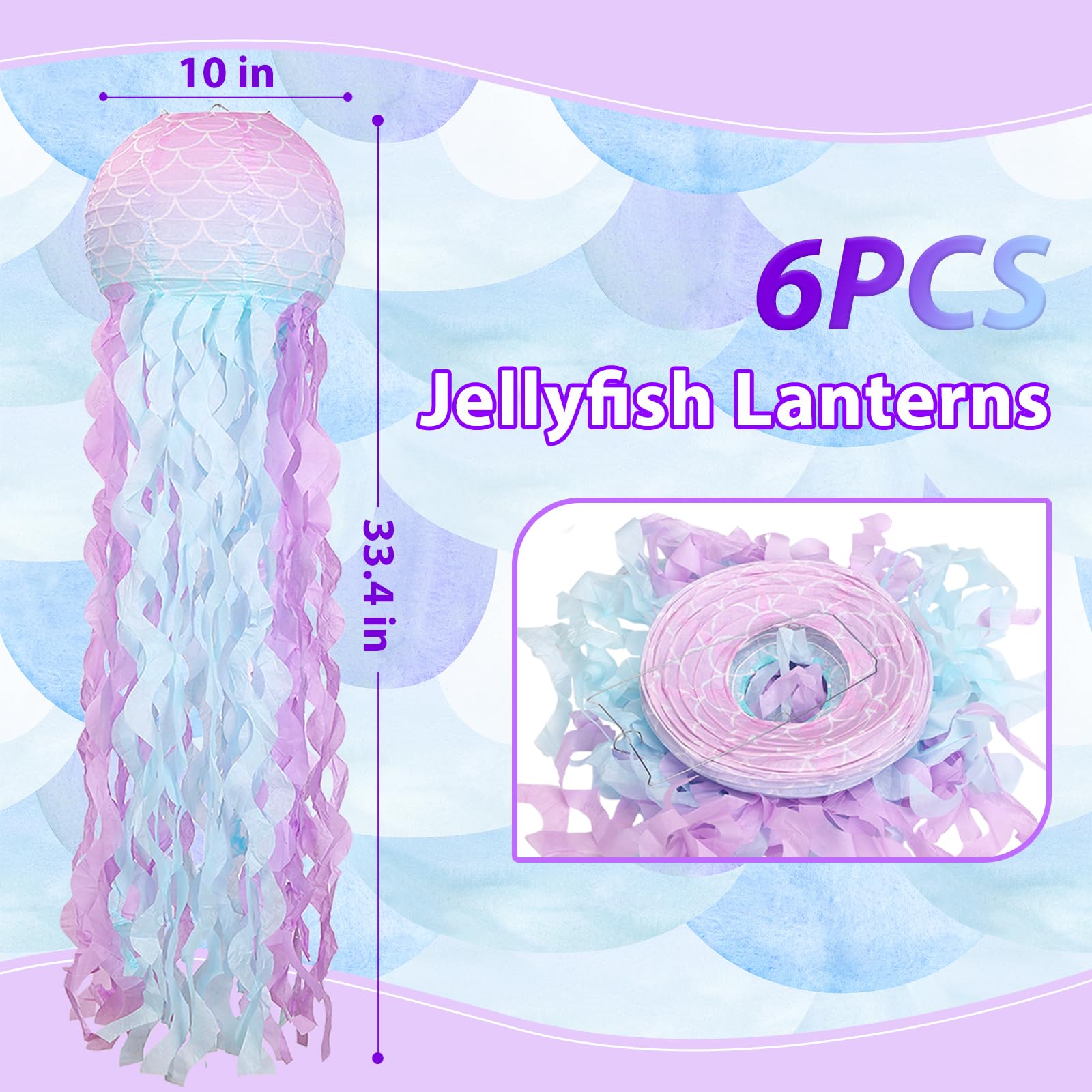 LIHAO Mermaid Birthday Decorations, Jellyfish Paper Lanterns 6pcs, Mermaid Scales Jellyfish Lanterns for Under The Sea Party Decorations Little Mermaid Party Favors Baby Shower