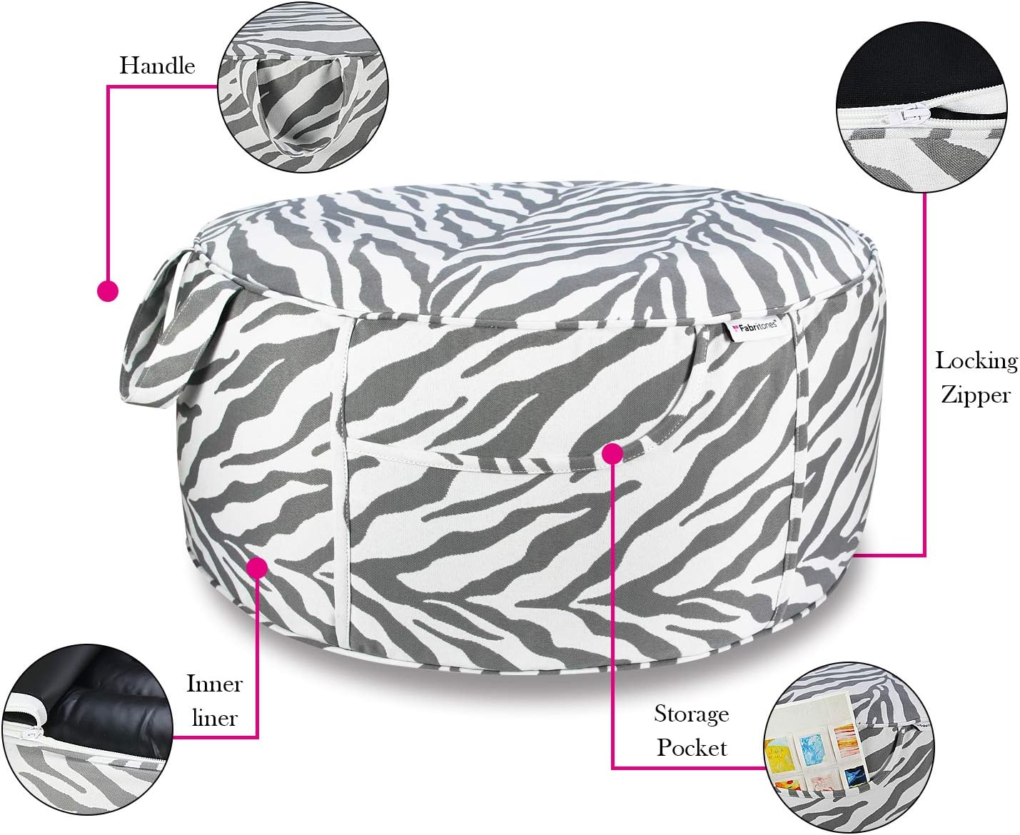 Outdoor Inflatable Ottoman Grey Round 21x9 Inch Zebra Pattern Patio Foot Stools and Ottomans Portable Footrest
