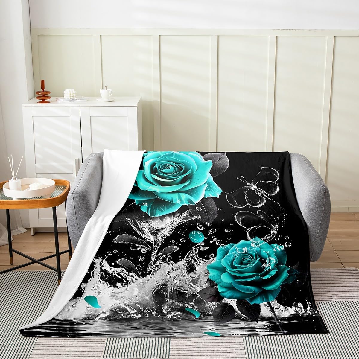 Feelyou Teal Rose Flannel Fleece Throw Blanket Throw 50"x60" Romantic Floral Blossom for Adult Black Teal Plush Blanket Reflection on Water