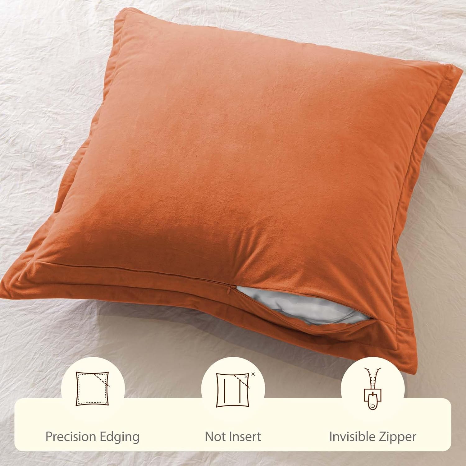 Pillow Covers 26x26 Set of 2 Quilted Square Euro Sham Soft Velvet Pillowcases with Invisible Zipper for Sofa Bed Living Room,Rust
