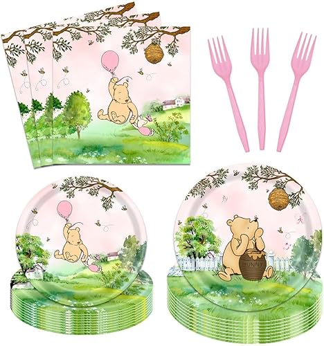96 piezas de suministros clásicos de fiesta de oso Pooh para niñas, 24 invitados, vajilla de baby shower, platos, servilletas de dibujos animados de