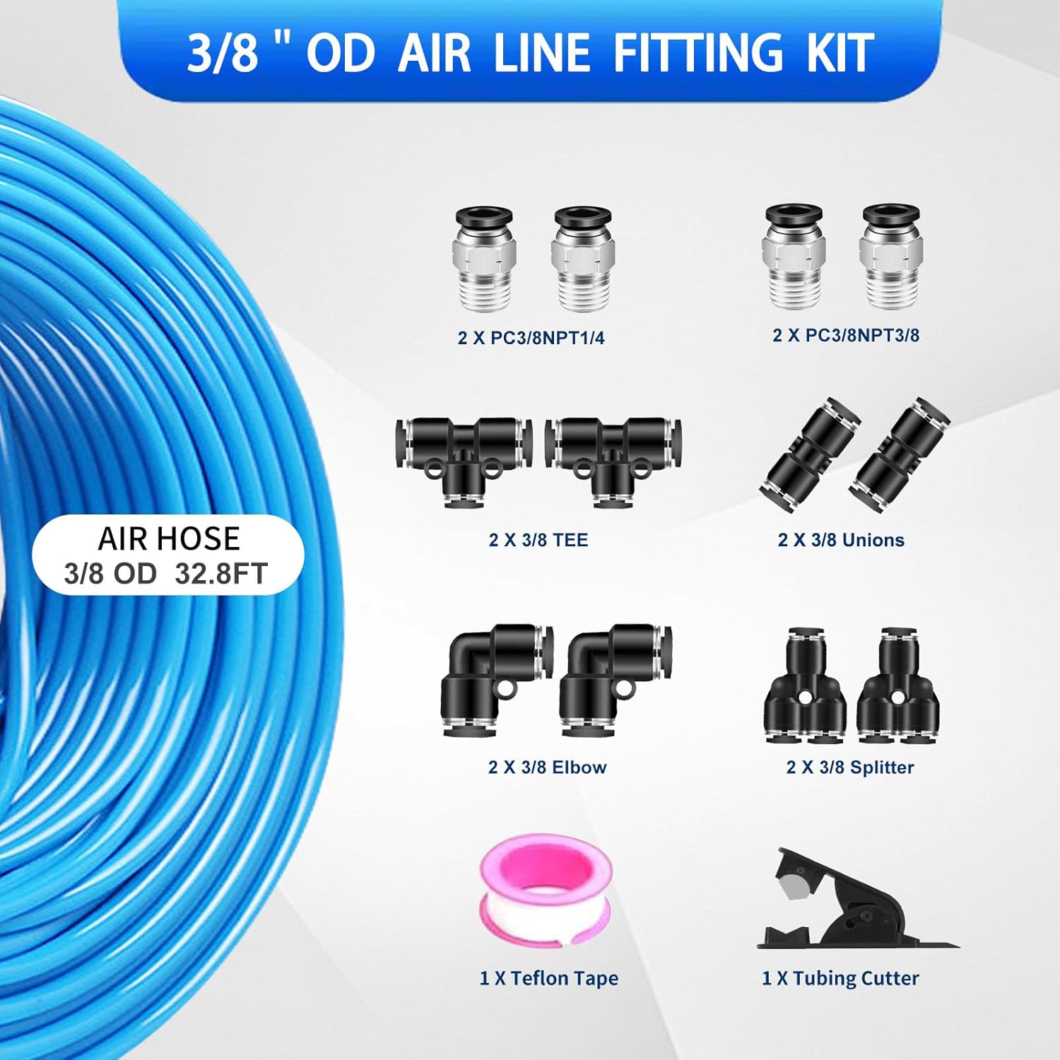 3/8" Air line kit,3/8" OD 1/4" ID 32.8ft Blue Air Hose Tubing Fittings,13pcs Compressed Air Line Accessory Kit Push to Connect Fittings for Air Line