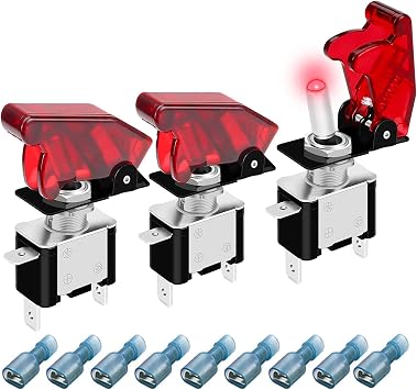 Kiligen Missile Switch, 12V-24V, 20A, Set of 3, LED Equipped, 3 Pole Type, ON-OFF Red
