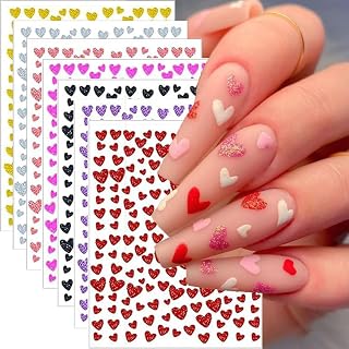 7Colors Heart Nail Stickers - Glitter Sparkling Heart Nail Art Stickers 3D Self-Adhesive Bling Back Glue Nail Decals Mixed Color Shimmering Powder Heart Nail Accessories for Valentine Nail Decor