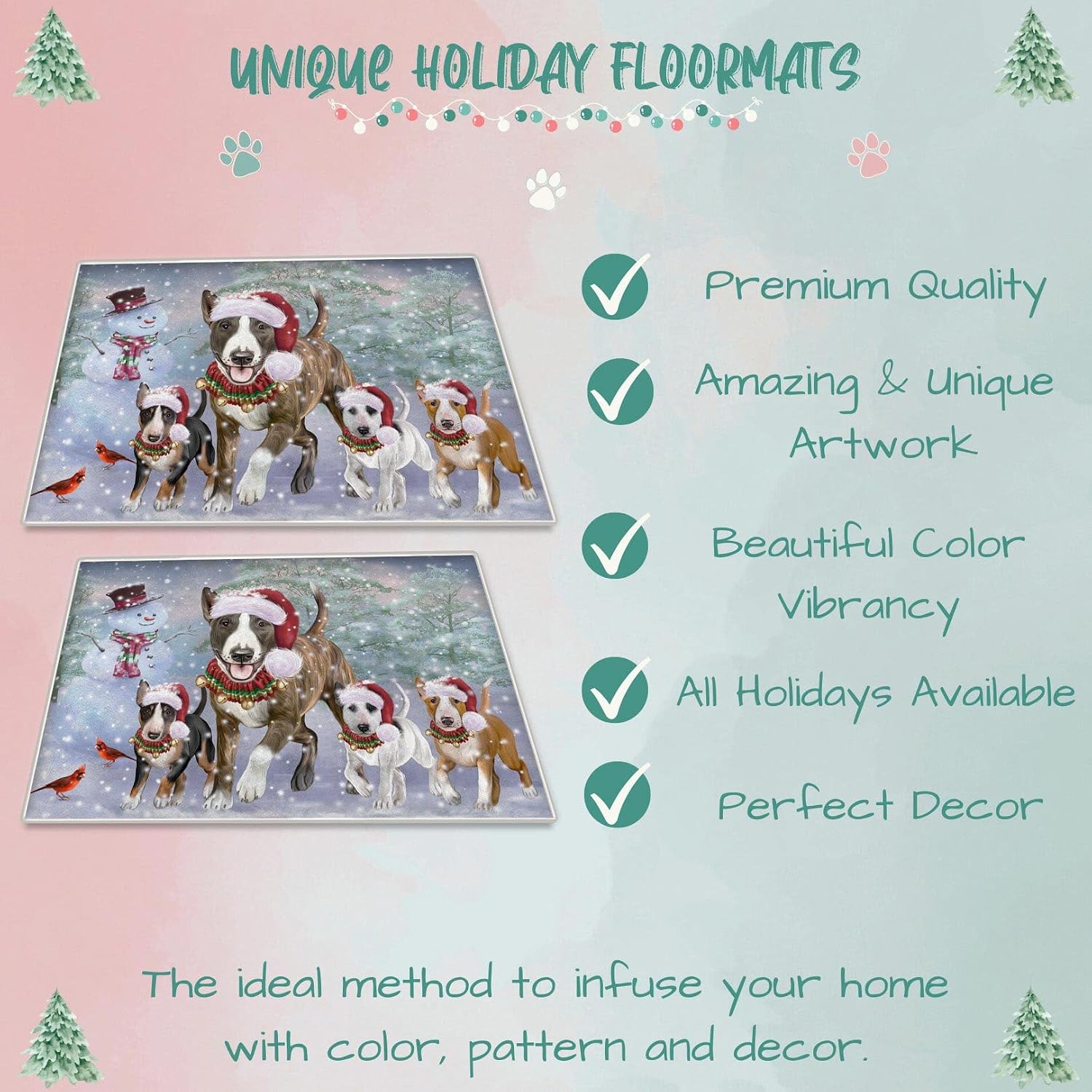 Doggie of the Day Bull Terrier Dogs Floor Mat - Christmas Running Family - Best Dog Doormat - Protector Decor - Unique Portrait Art - Premium Quality Decoration, 24"x36"