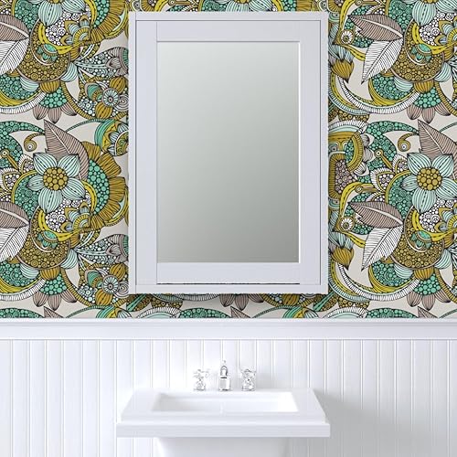 Miniatura 9 de Spoonflower Peel & Stick Wallpaper Swatch - Mustard Mint Flowers Doodles Lines Dots Circles Style Vintage Boho Custom Removable Wallpaper