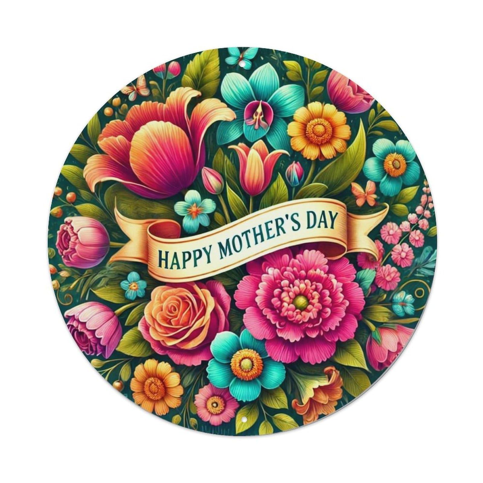 Floral Mother's Day Ribbon Design Retro Metal Sign Round Tin Sign, Vintage Decor Art Poster for Bar, Home, Man Cave, Kitchen, Laundry Room Gift 8x8Inch