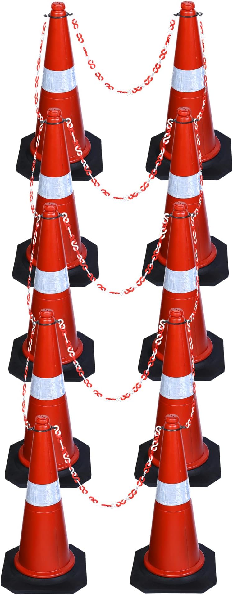 ABS INDUSTRY Safety Cones 10 Cones with 10 Meters S Hook Safety Chain and 10 Hooks Multipurpose PVC Plastic Traffic Safety Cone with Black Rubber Weighted Base and Highly Visible Reflective Collar