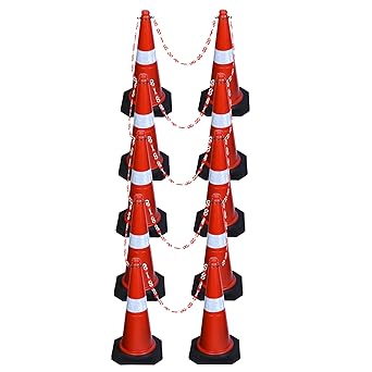 ABS INDUSTRY Safety Cones 10 Cones with 10 Meters S Hook Safety Chain and 10 Hooks Multipurpose PVC Plastic Traffic Safety Cone with Black Rubber Weighted Base and Highly Visible Reflective Collar