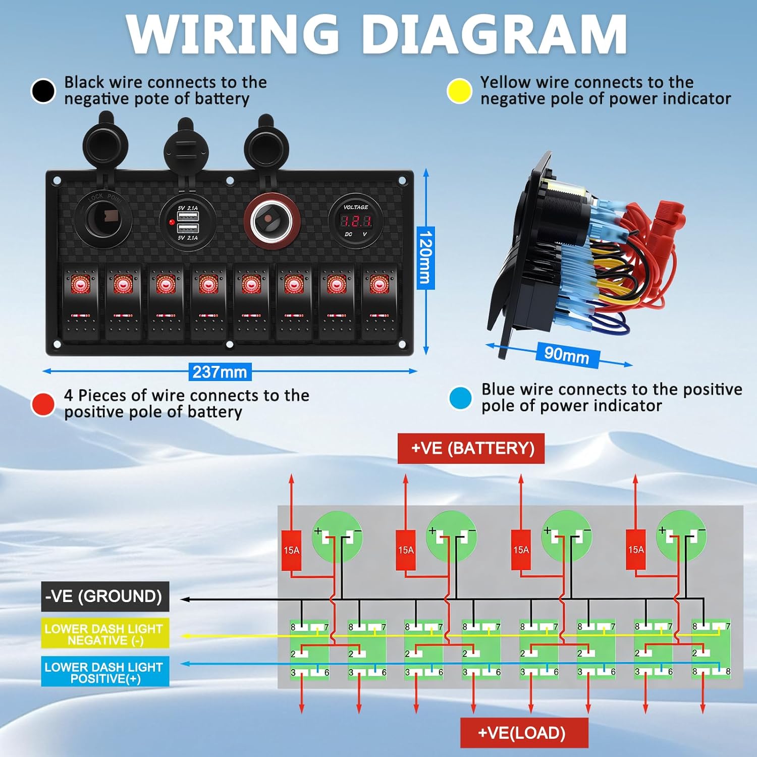 Geloo 8 Gang Marine Rocker Switch Panel, Boat Switch Panel Waterproof, 12V Switch Panel Toggle Switches Panel with LED Circuit Breaker 3.1A USB Charger Voltmeter ON/Off for Car Rvs Vehicles (Red)