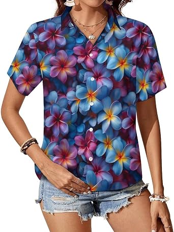 Hawaiian Shirts for Women Floral Tropic Print Tees Tops Button Up Summer Vacation Shirt