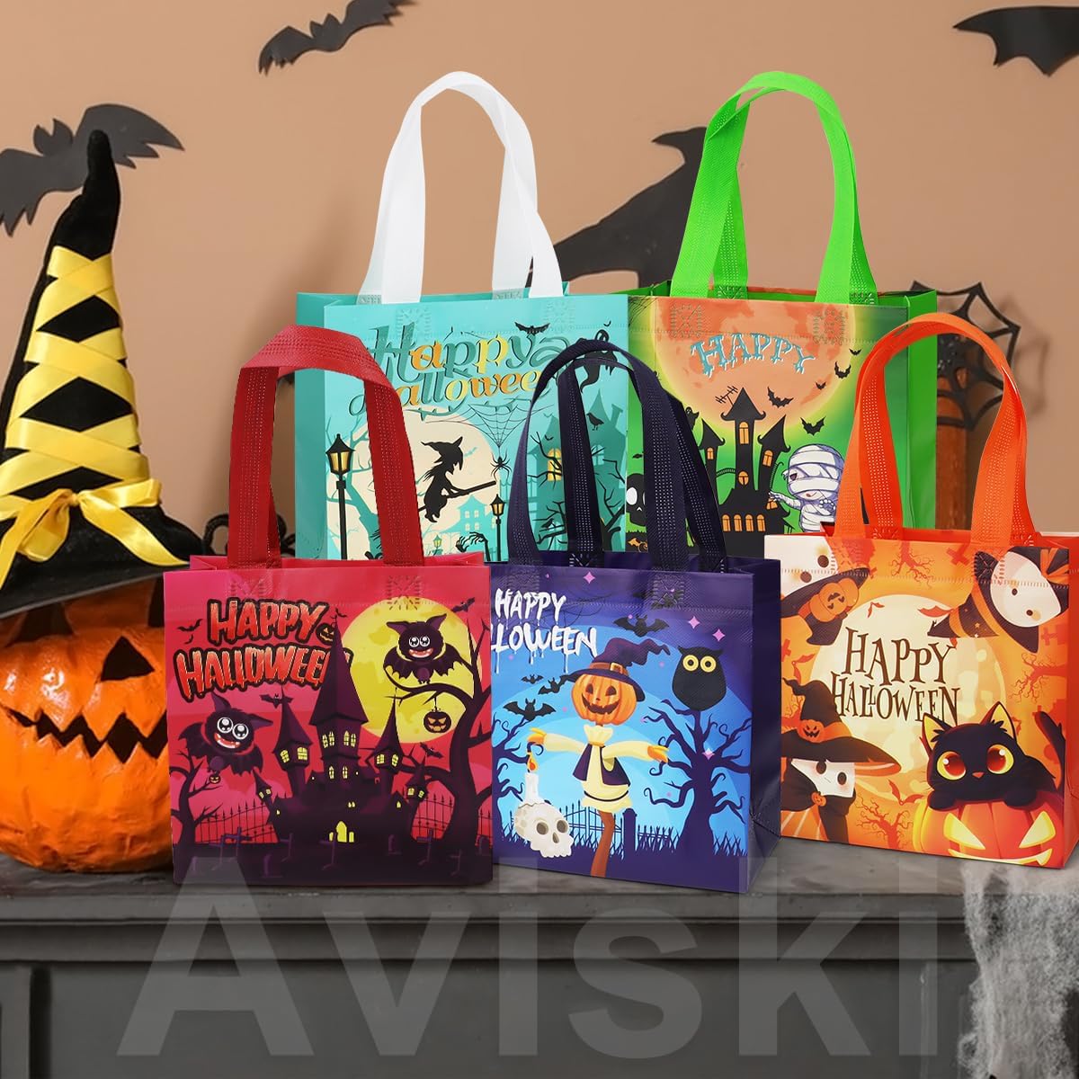 8PCS Halloween Small Trick or Treat Bags, 7.9"×7.9"×3.15", Non-Woven Gift Tote Bags with Handles for Gifts Wrapping, Party Supplies - Image 7