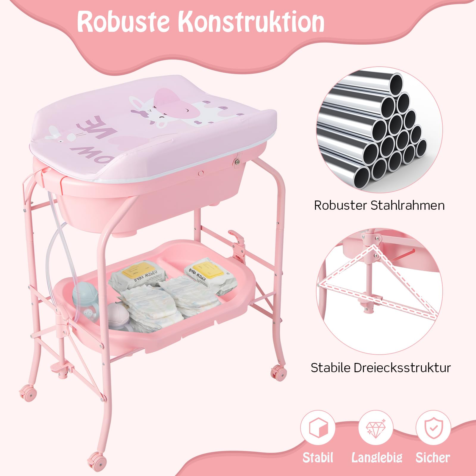 GOPLUS Baby Badewanne faltbar, Klappbarer Baby-Windeltisch mit Ablagefach, Baby Tablett mit Rollen aus PP, PVC-Windeleinlagen, Räder mit Bremsen, Badetisch für 0-12 Monaten (Rosa)