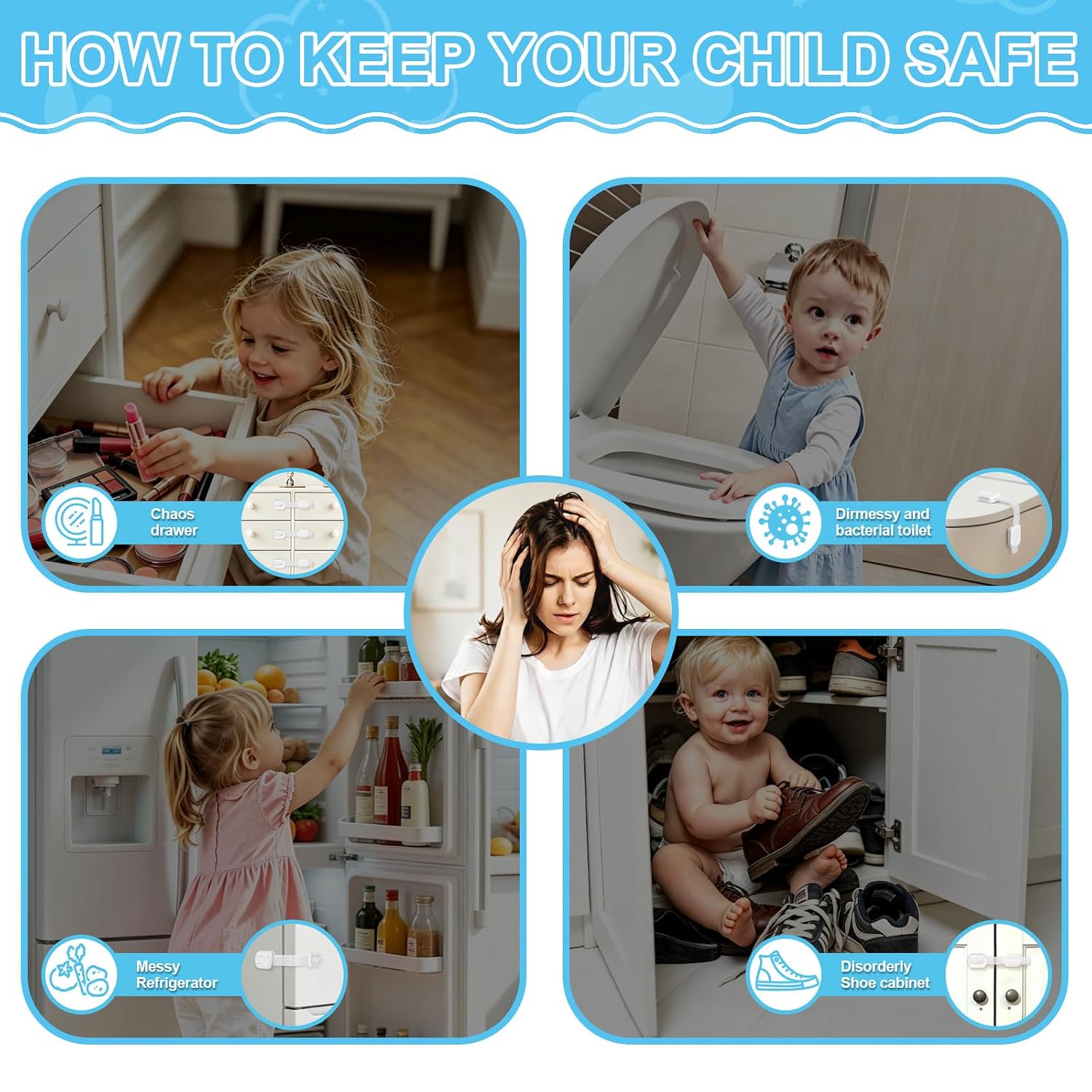 10 Pack Cabinet Locks Baby Proofing - Easy Install with Strong Self - Adhesive Tape & Adjustable Straps - Multi-Purpose Child Locks for Cabinets, Drawers, Fridge, Toilet, Oven, Trash Can - White