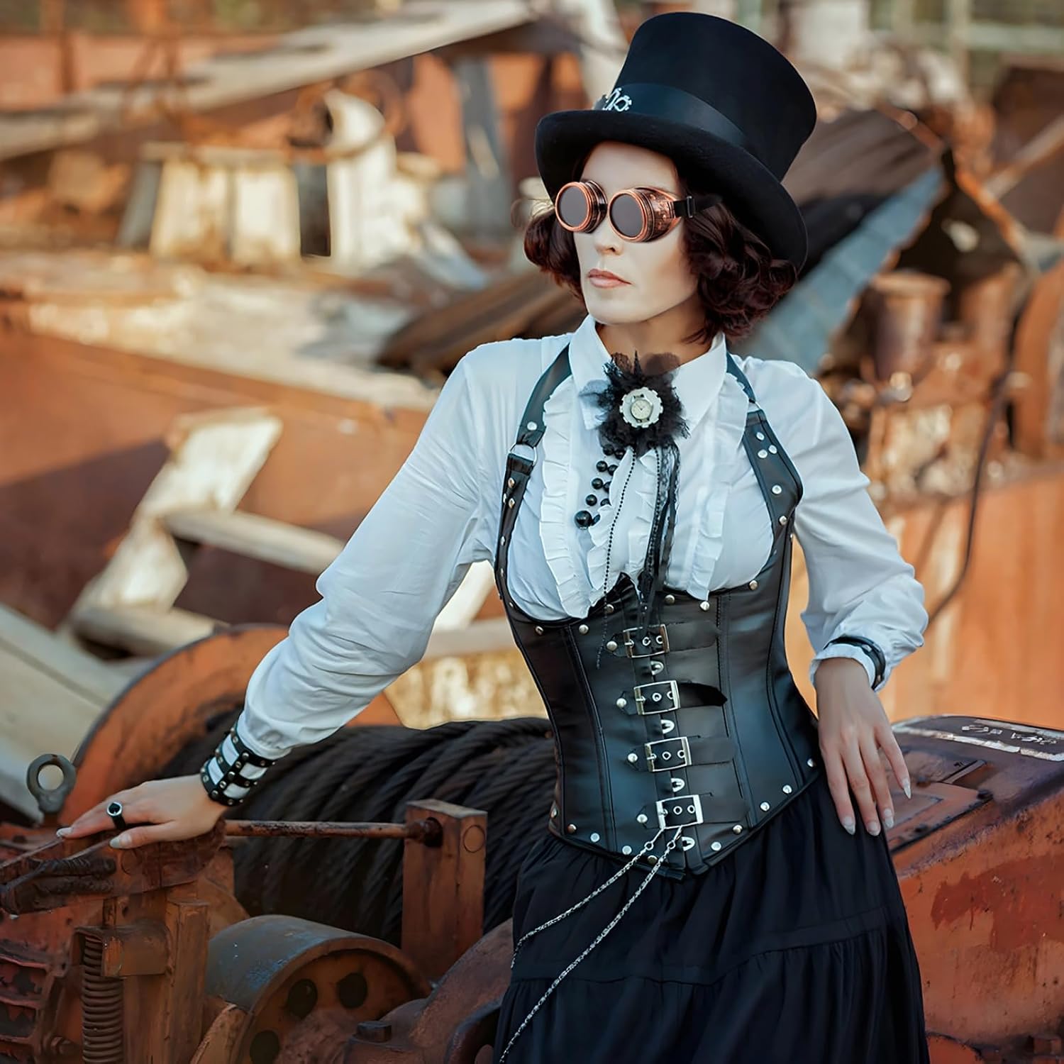 6-Piece Steampunk Goggles Set, Victorian Round Lens Eyewear, Adjustable Strap, Costume Accessories For Parties