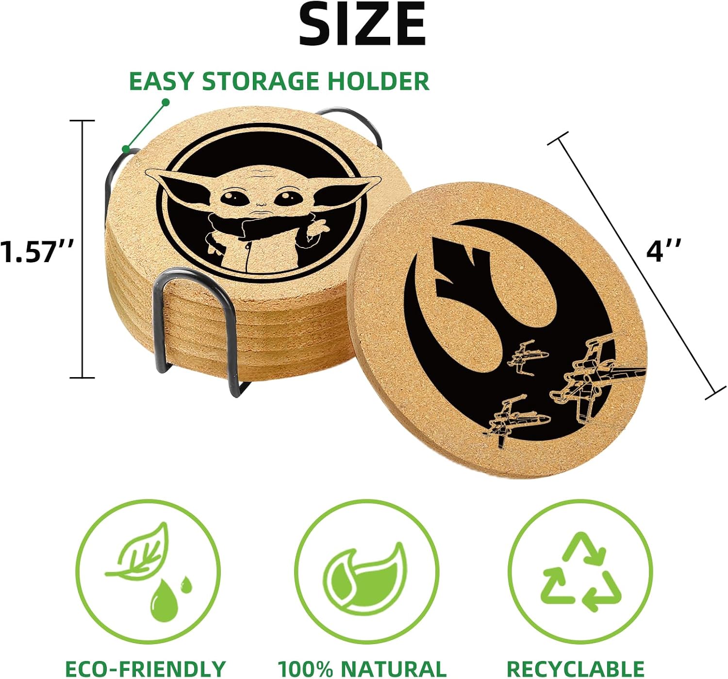 Coasters for Drinks with Holder Set of 6, Star Battle Absorbent Coaster Cork Wood for Cup Desk Office Table Kitchen Decor House Warming Gifts for New Home Couples, Round 4"