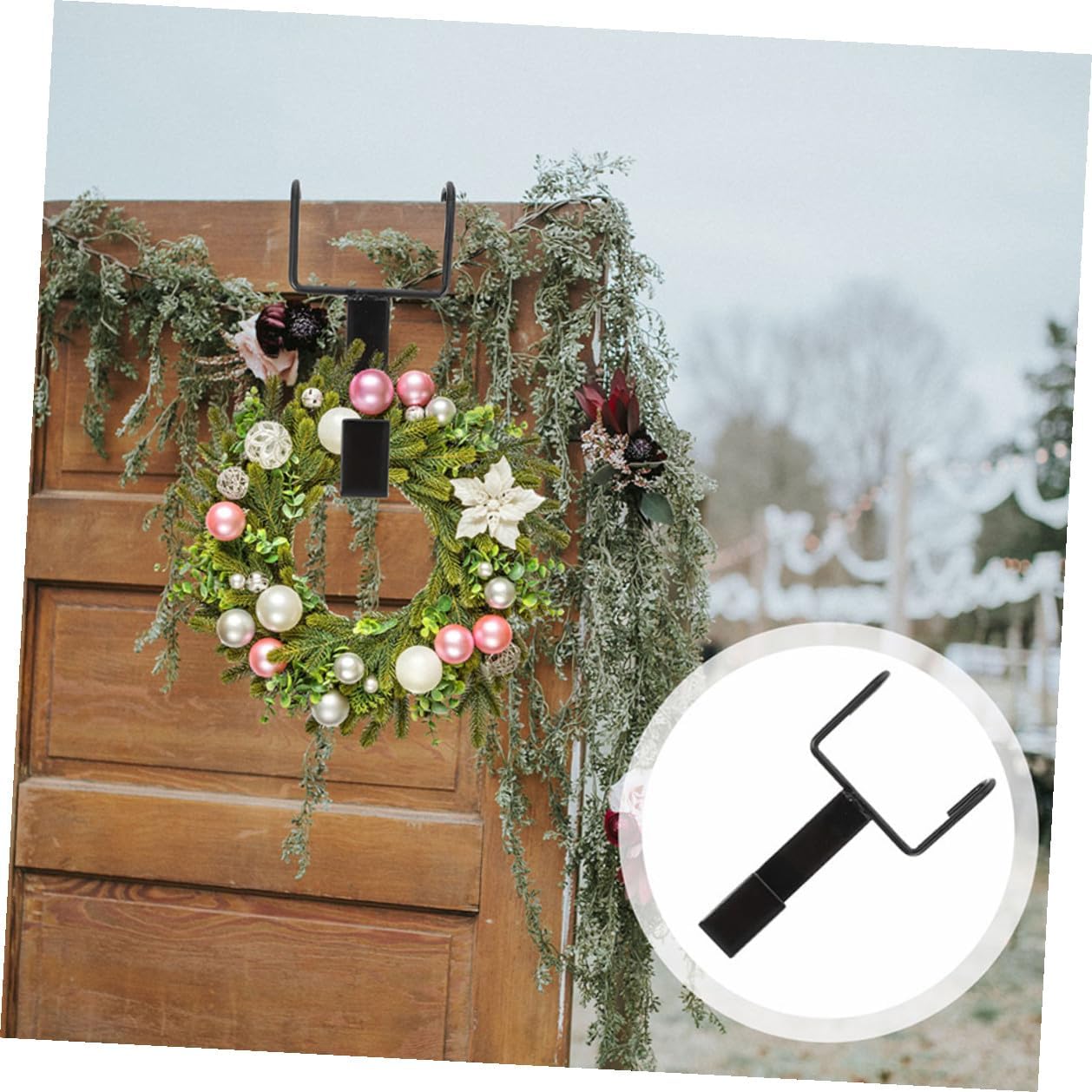 LIFKOME Door Wreath Hanger Black Heavy Duty Metal Double Hooks 4pcs Garland Holder Front Door Exterior Wreath Hangers for Holiday Decorations