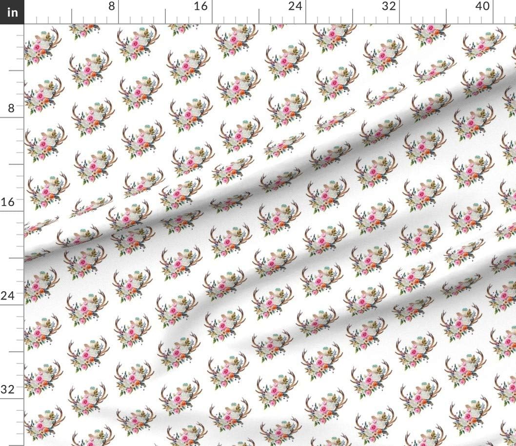 Spoonflower Fabric - Boho Deer Antlers White Feathers Woodland Girl Nursery Printed on Petal Signature Cotton Fabric by The Yard - Sewing Quilting Apparel Crafts Decor