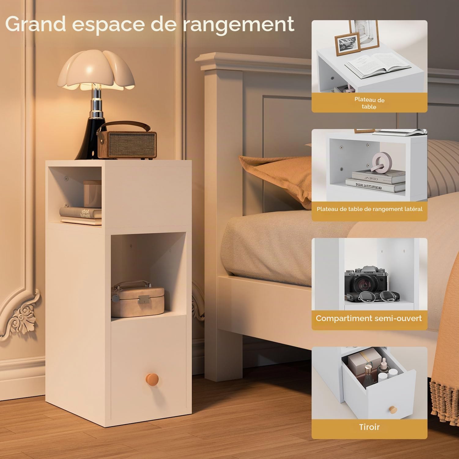 IBUYKE Lot de 2 Tables de Chevet Étroite, Table de Nuit avec 2 Compartiments Ouverts et 1 Tiroir, 20x29x55CM, Table d'appoint pour Les Petits espaces, pour Salon, Chambre, Blanc WNS006W-2