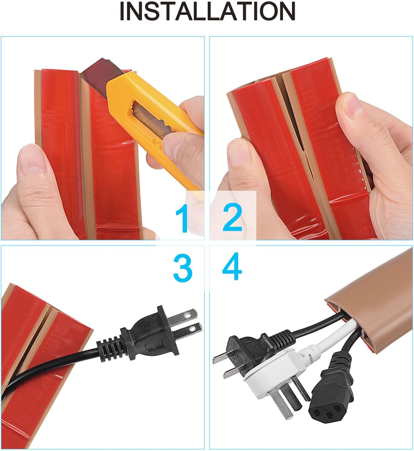 MECCANIXITY 20ft Floor Cord Cover, Self Adhesive Cord Hider 0.5" W x 0.3" H for Cable Management Cable Protector, Light Brown Wood