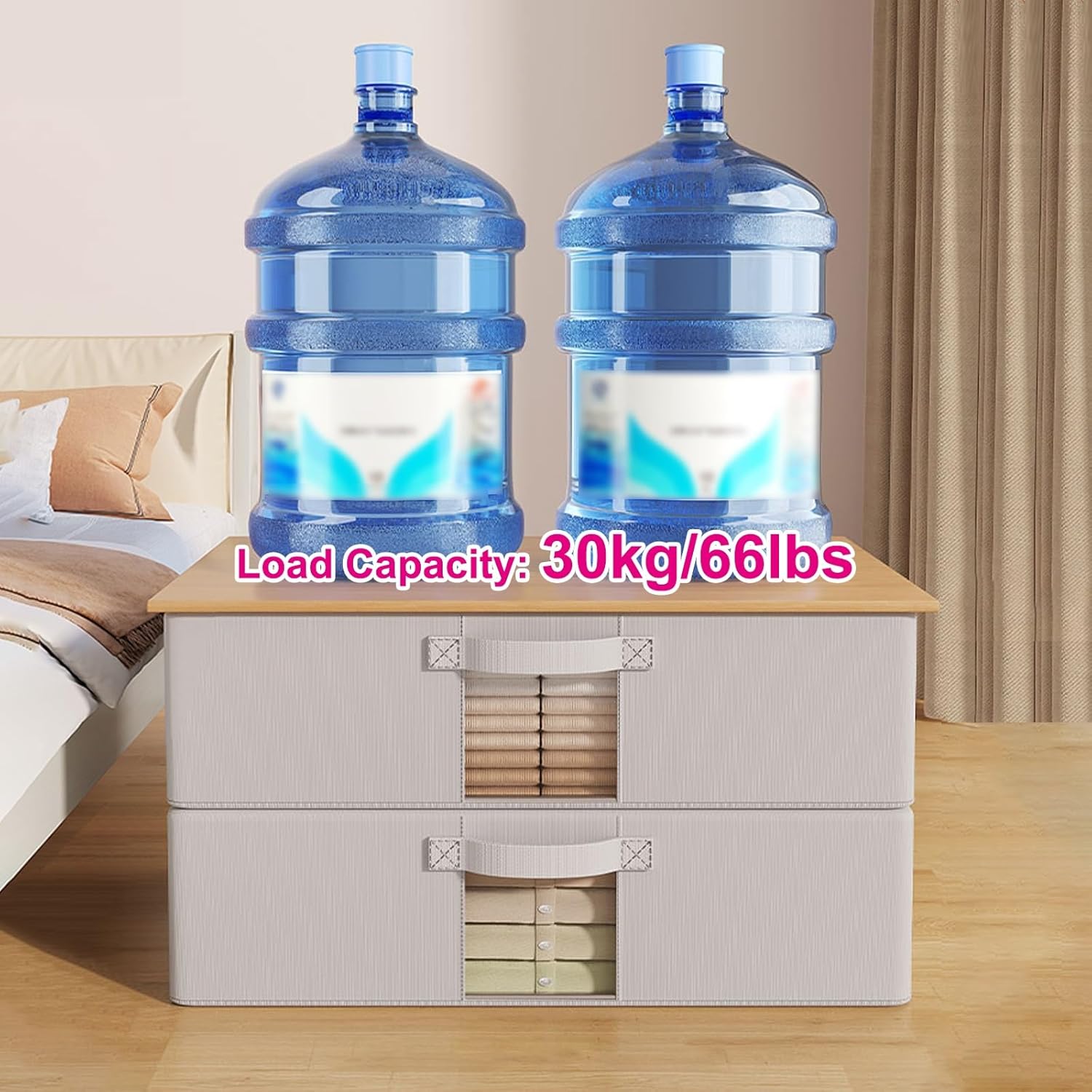 2 Pack Under Bed Storage Containers, Foldable Under the Bed Storage, Transparent Window and Double Zippers, for Blanket, Clothing, Comforter, Sweaters(Beige,50x40x15cm/20x16x6in)