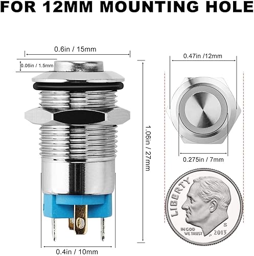 Miniatura 6 de Interruptor de botón de cierre de 12 V, 24 V, 0.472in, con tapa redonda alta, interruptor de botón de metal impermeable de acero inoxidable 1NO1NC