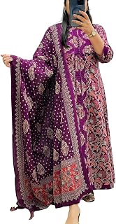 Veqreqmeq Women's Cotton Trending Anarkali Printed Kurta with Pants and Dupatta Set | Ethnic Set (Purple) Price In India