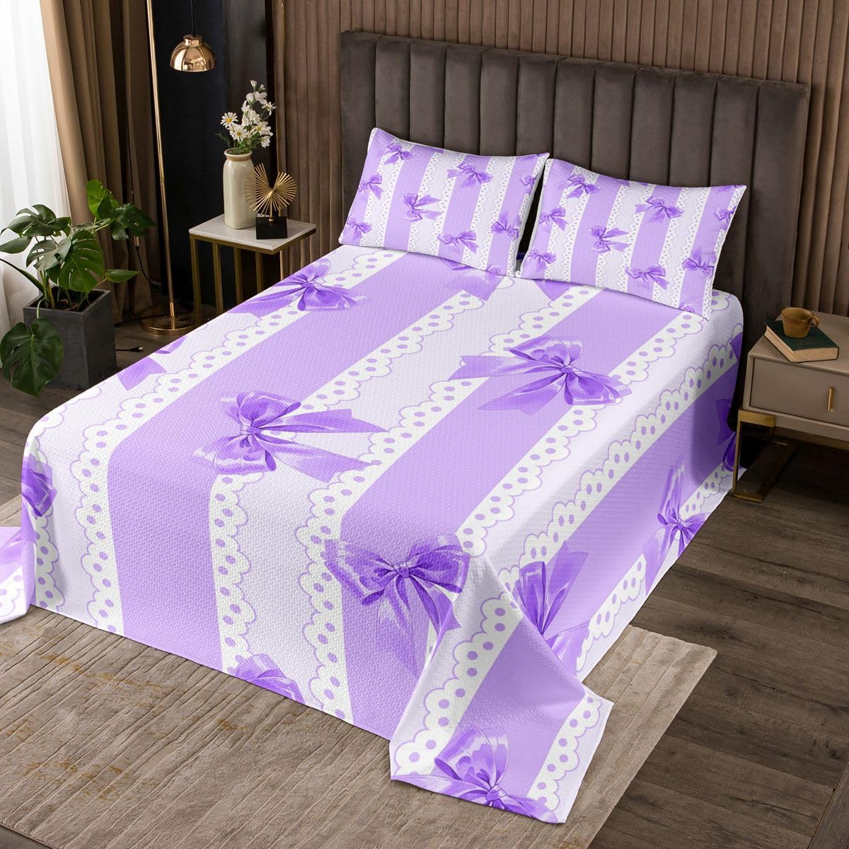 jejeloiu White Blue Bow Bedspread King Size Dreamy Princess Bowknot Coverlet Set Kawaii Ribbon Bow Knot Quilted Coverlet for All Season with 2 Pillowcases Lightweight