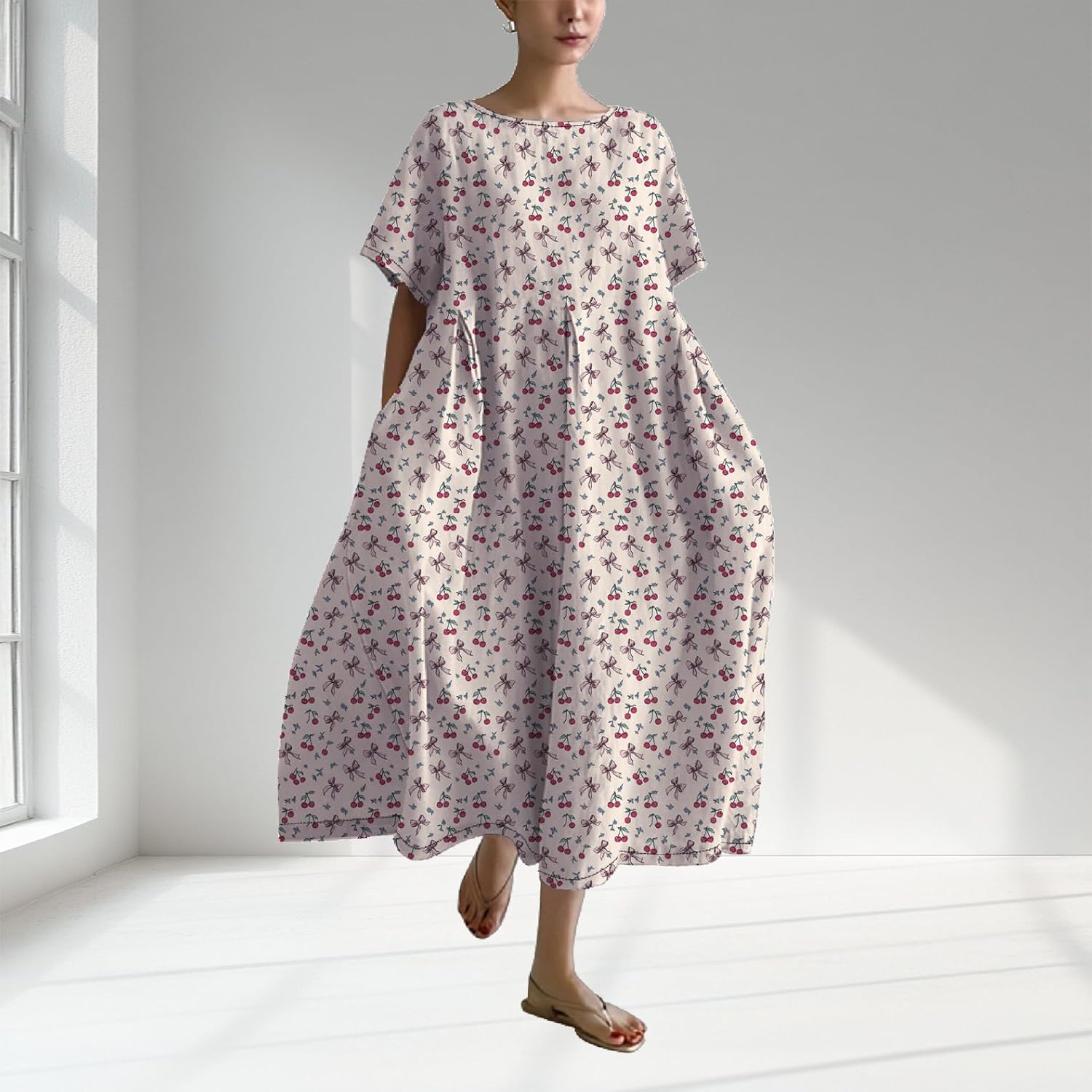 Womens Floral Print Dresses Casual Plus Size Short Sleeve Baggy Midi Dress Summer Soft Crewneck Flowy Boho Dress - Image 2