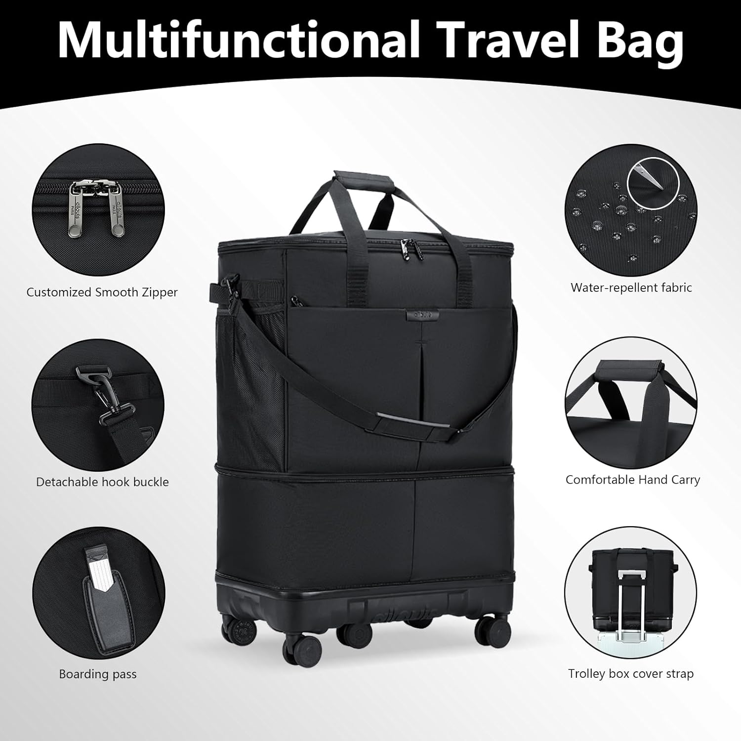 Large Capacity Rolling Duffle Bag with Detachable Wheels,Expandable Foldable Suitcase for Travel,Collapsible Luggage Duffel Overnight Weekend Bags without Telescoping Handle - Image 2