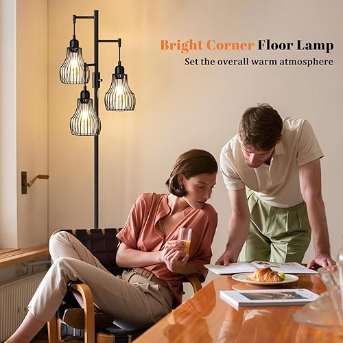 Miniatura 2 de Lámpara de pie regulable, 3 bombillas LED Edison de 800 lm incluidas, lámpara de pie industrial de granja con lámpara de árbol de pie con elegante