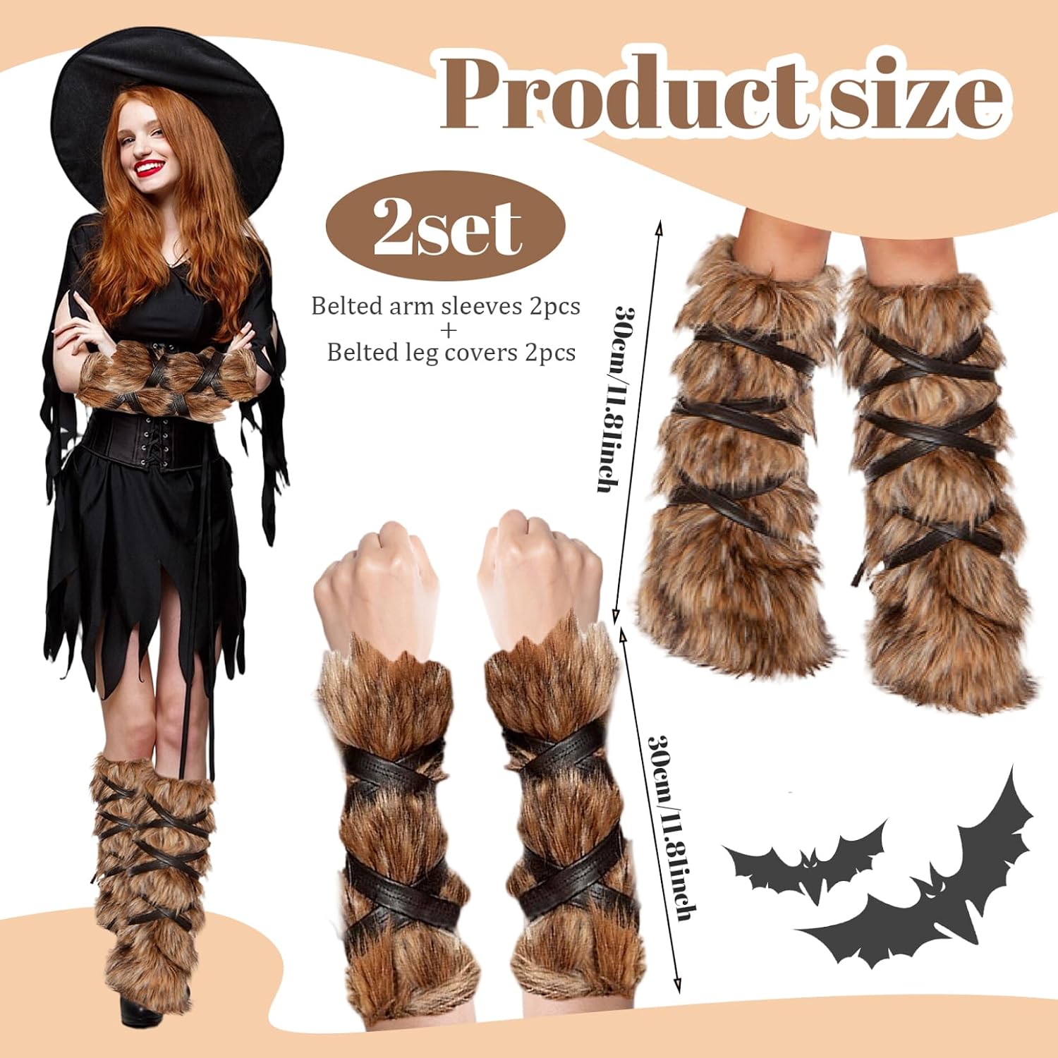 Viking Faux Fur Arm and Leg Warmers Costume Set, Brown, 2Pcs