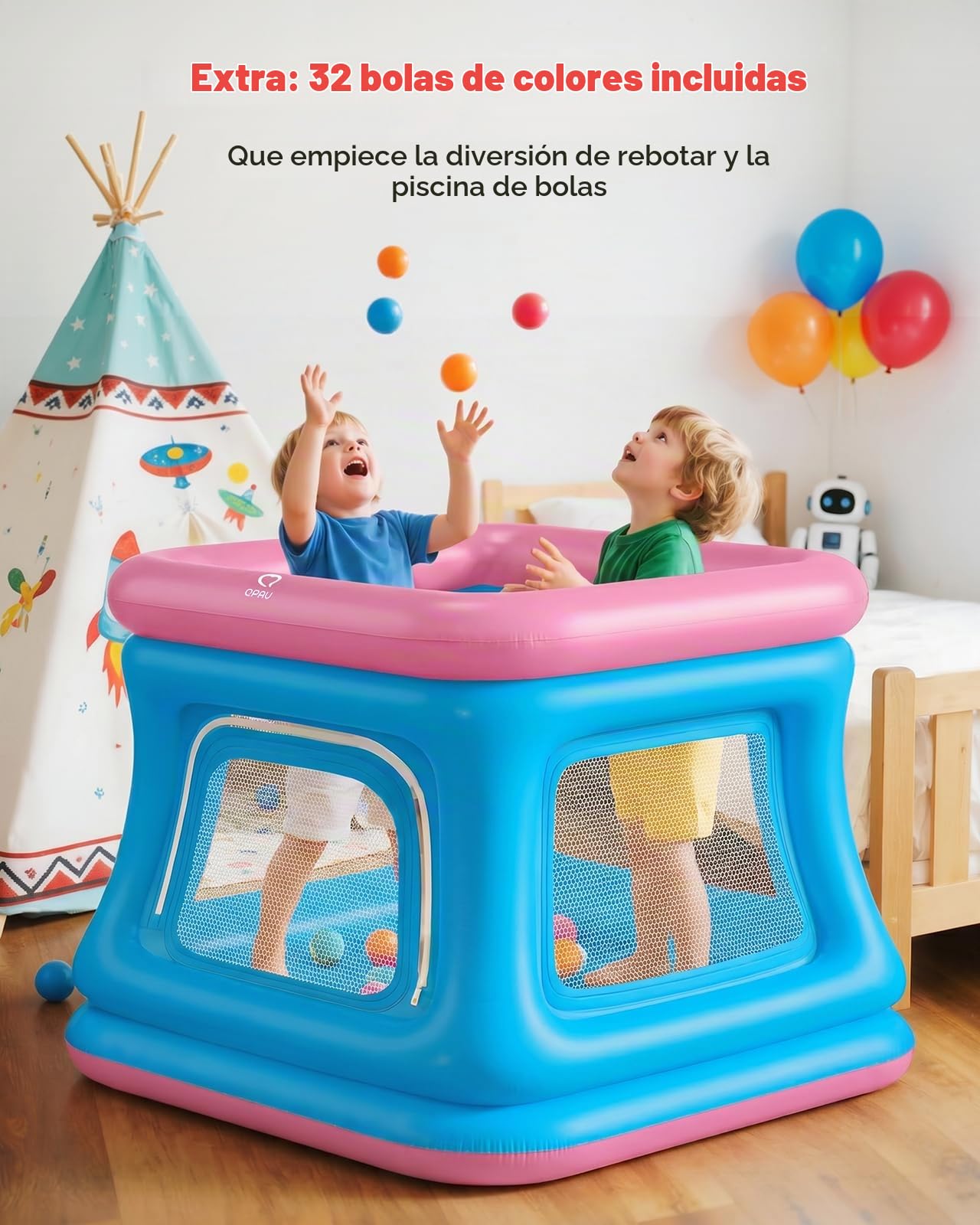 QPAU 3 en 1 - Pozo y cama elástica para niños pequeños, castillo hinchable con red de seguridad, juguetes al aire libre para niños pequeños de 1 a 3, casa de rebote interior, patio de juegos para
