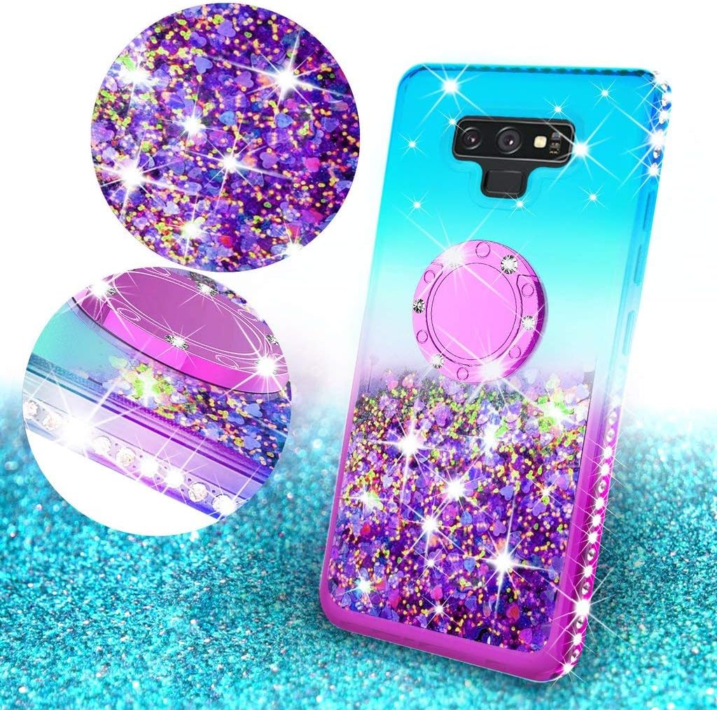 Galaxy Note 9 Case,Liquid Glitter Ring Kickstand Shock Proof Quicksand Bling Cover Compatible for Samsung Galaxy Note 9 Phone Cases Girls Women, Teal/Purple