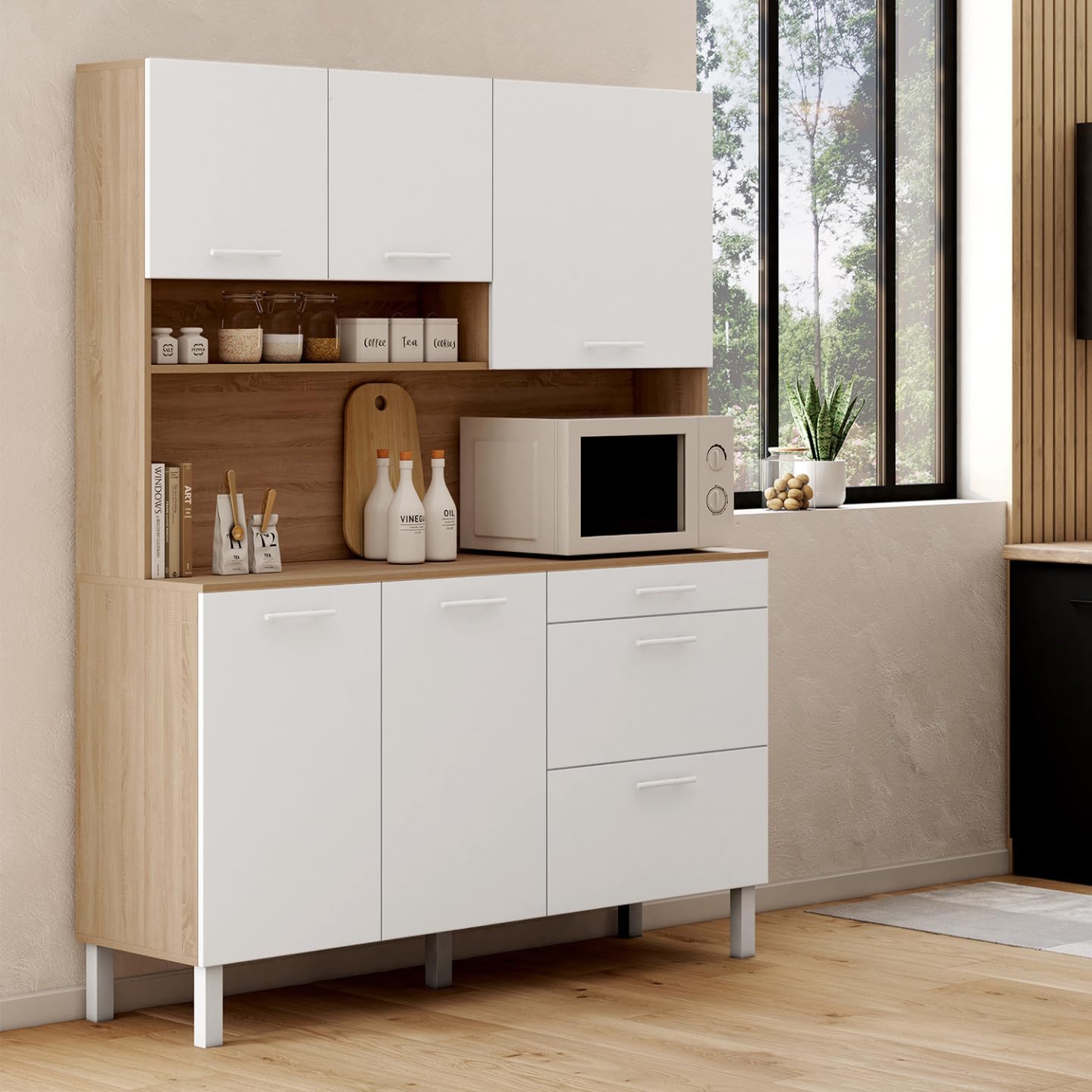 IDMarket - Küchenbuffet 140 cm CINA 5 Türen + 3 Schubladen in Buchenholzoptik und Weiß