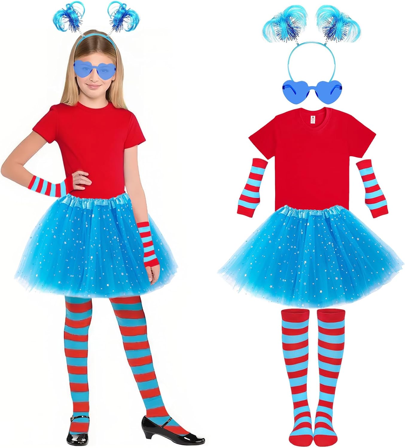 Girls Tutu Dress Set, Kids Red T Shirt, Blue Skirt, Glasses, Headband, Striped Gloves/Socks for Halloween Cosplay