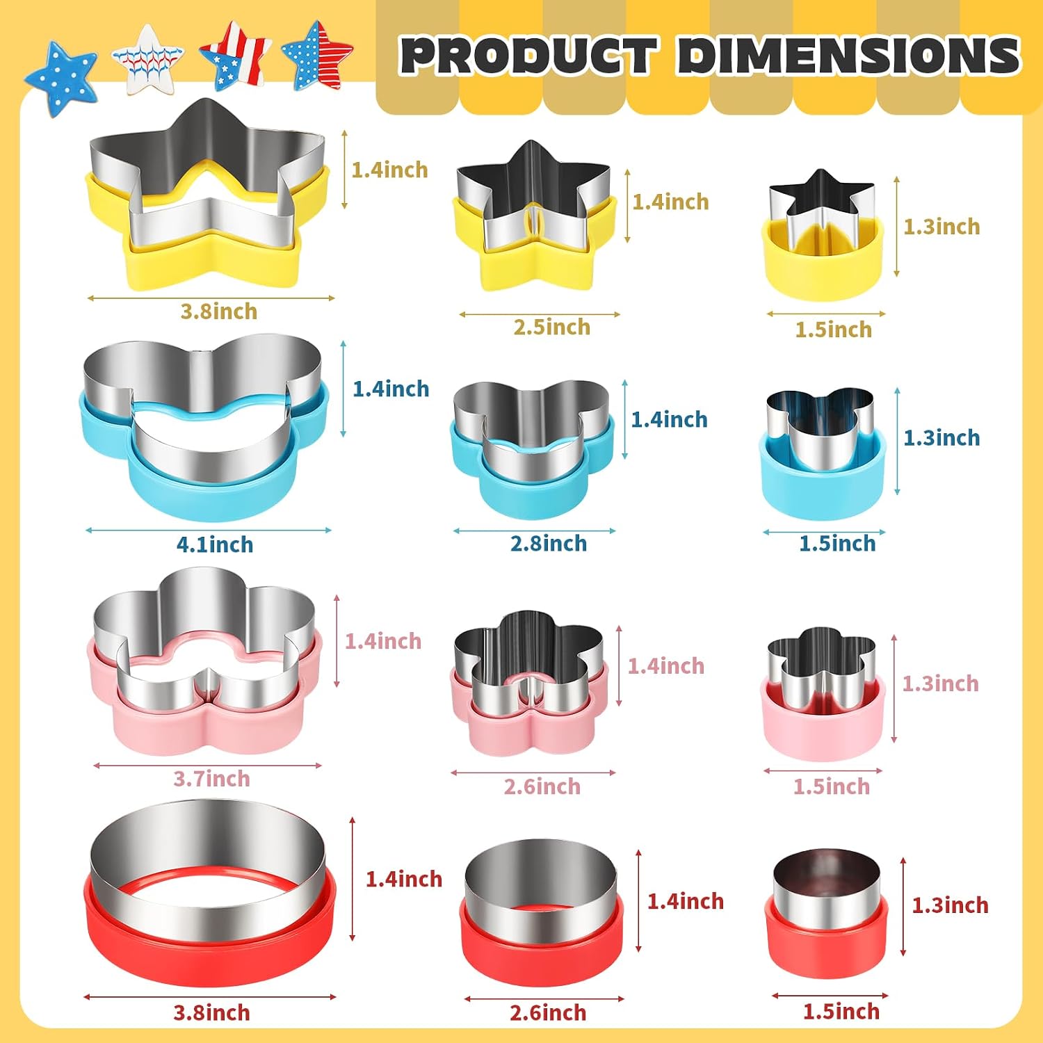 12 PCS Cookie Cutter Set, Stainless Steel with Safety Grip, Round Star Flower Cartoon Mouse Shapes in 3 Sizes, for DIY Baking, Holiday Party, Cake Decor, Sandwich and Fruit Cutter