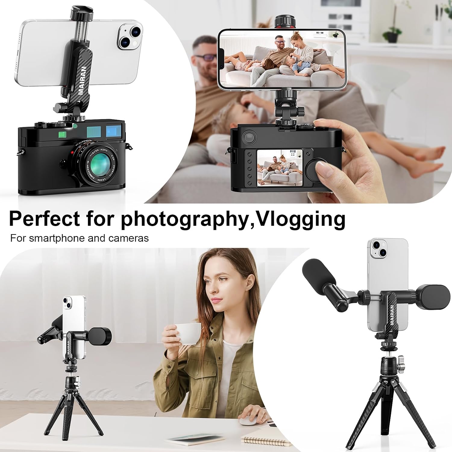 MAIRAN Phone Tripod Mount,Universal Smartphone Holder Adapter with Dual Cold Shoe Mounts, 1/4" Standard Screw 360° Rotation Adjustable Clip for iPhone, Android Cell Phone, Selfie Stick, Camera Stand