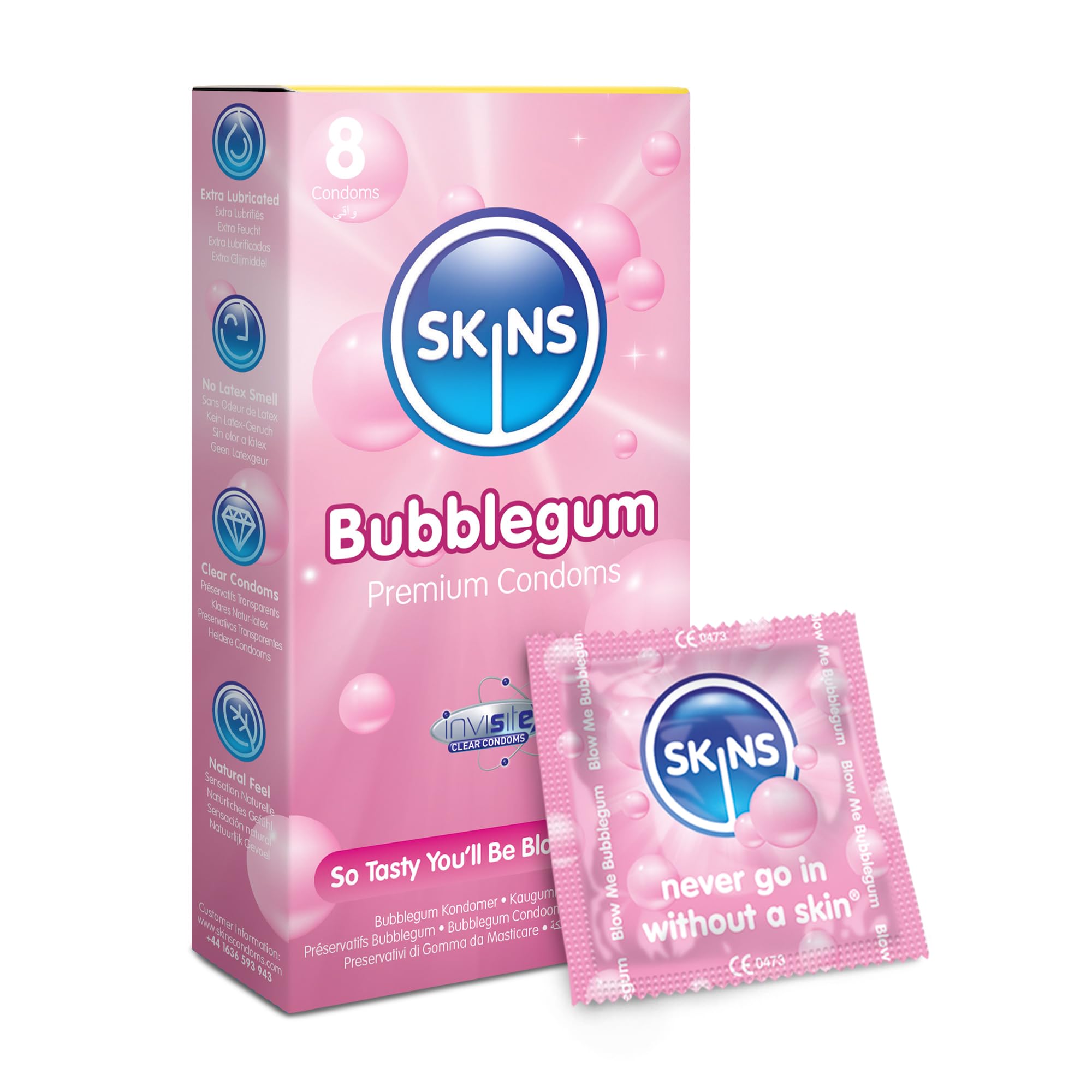 Premium Skins Bubblegum Flavoured Condoms for Oral and Intercourse - Ultra Thin Flavoured Condoms for Oral, Extra Flavoured Lube for Extra Pleasure - Discreet Pack of 12