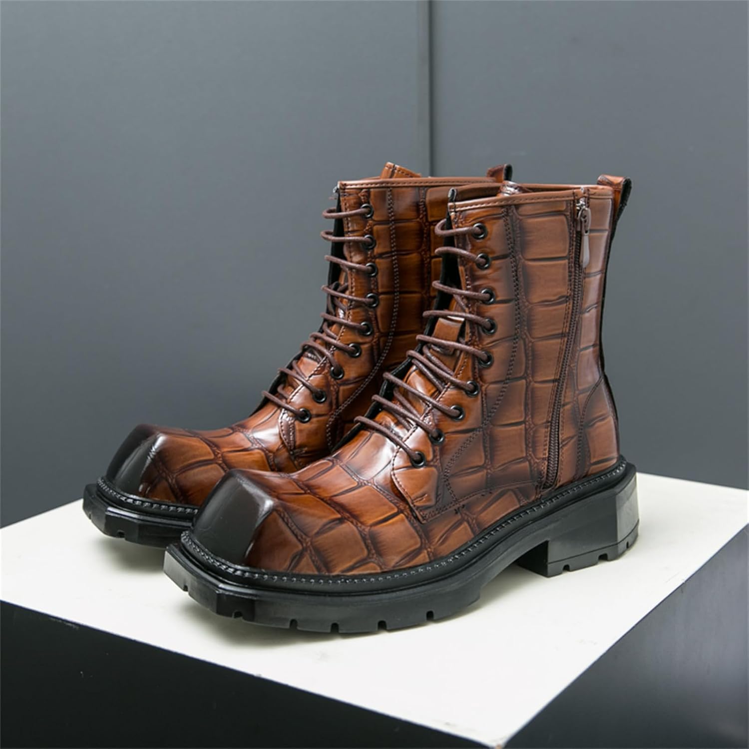 Men's Textured Leather Lace Up Platform Chunky High Top Combat Boots with Side Zipper Wide Square Toe Non Slip Lug Sole Oxford Boots for Work Office Business Motorcycle Parties Formal Events