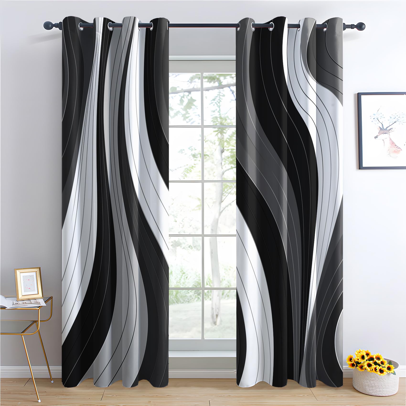 Rideau Occultant Noir et Blanc, Rideau Isolant Thermique pour Salon Chambre, Motif Abstrait, Rideaux Opaque à Oeillets, Lot de 2 Rideaux et Draperies Intérieur 117x137cm LxH (Q1-&114)