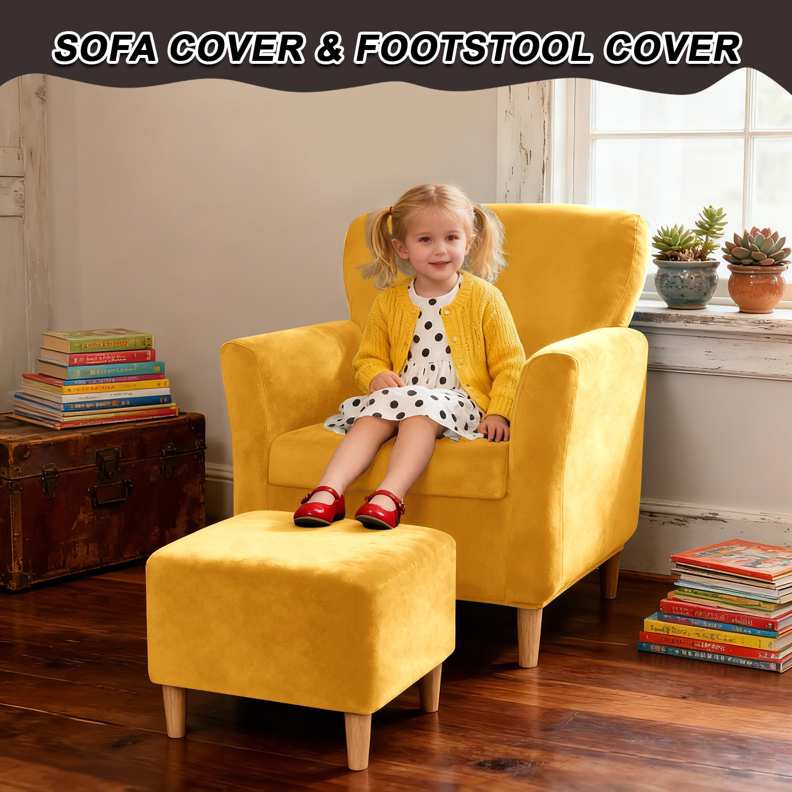 Copripoltrona Elasticizzato Copridivano 1 Posto con Braccioli, Velluto Fodera per Poltrona/Ottomana/Sedile con 4 Corde Antiscivolo (Gold,Chair+Seat+Ottoman Sq S)