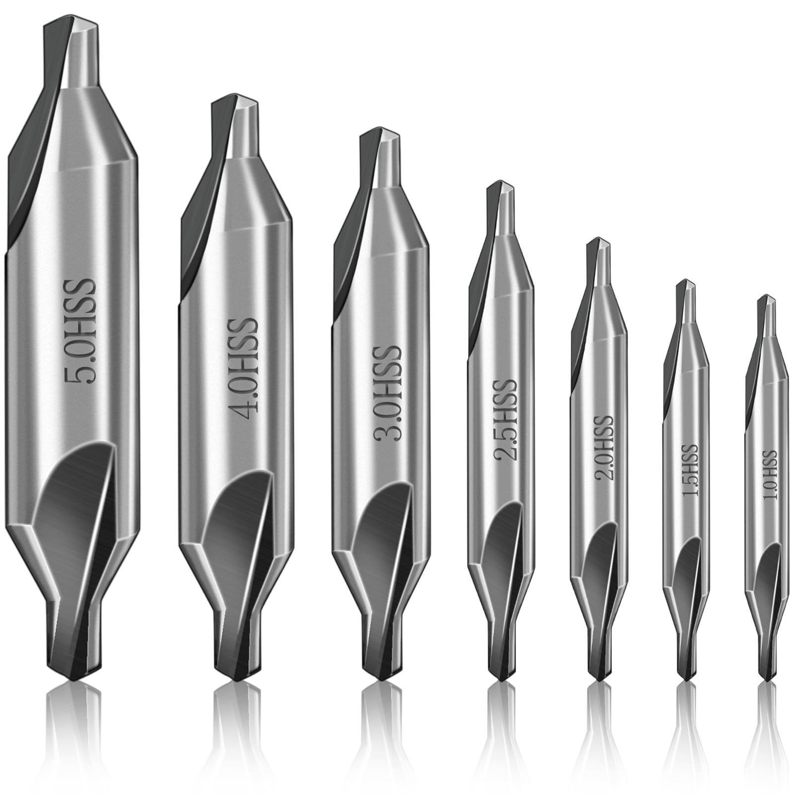 7 Pcs Upgraded Center Drill Bits Set, High Speed Steel 60-Degree Angle Center Drill Bits Kit Countersink Tools for Lathe Metalworking Size 1.0 1.5 2.0 2.5 3.0 4.0 5.0