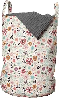 Lunarable Flower Laundry Bag, Bunch of Bouquets with Roses Iris Lily Daisy Magnolia Butterfly Dandelion Spring Art, Hamper Basket with Handles Drawstring Closure for Laundromats, 13" x 19", Multicolor