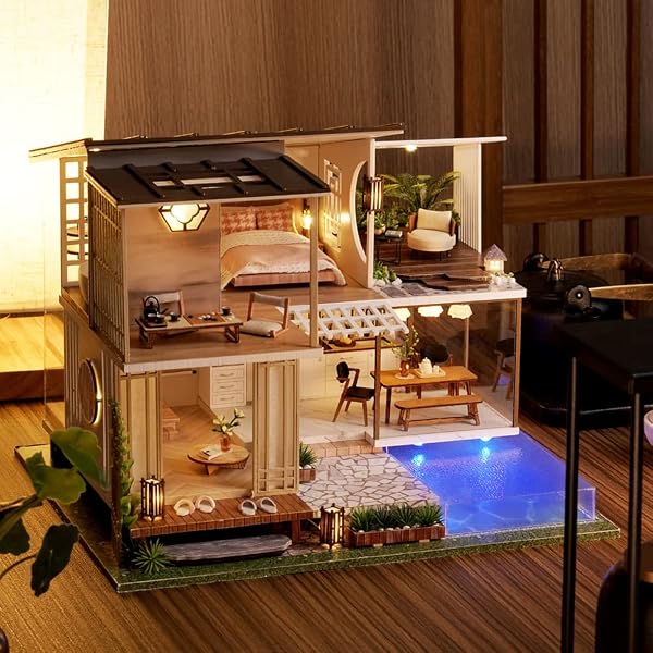 Spilay 1/24 ミニチュア ドールハウス 手作りキット セット 初心者向け+LEDライト、防塵カバー、オルゴール-誕生日、休日、クリスマスプレゼント (Elegant and Quiet-防塵カバー+オルゴール+LED)A085-14歳以上対象 - 3