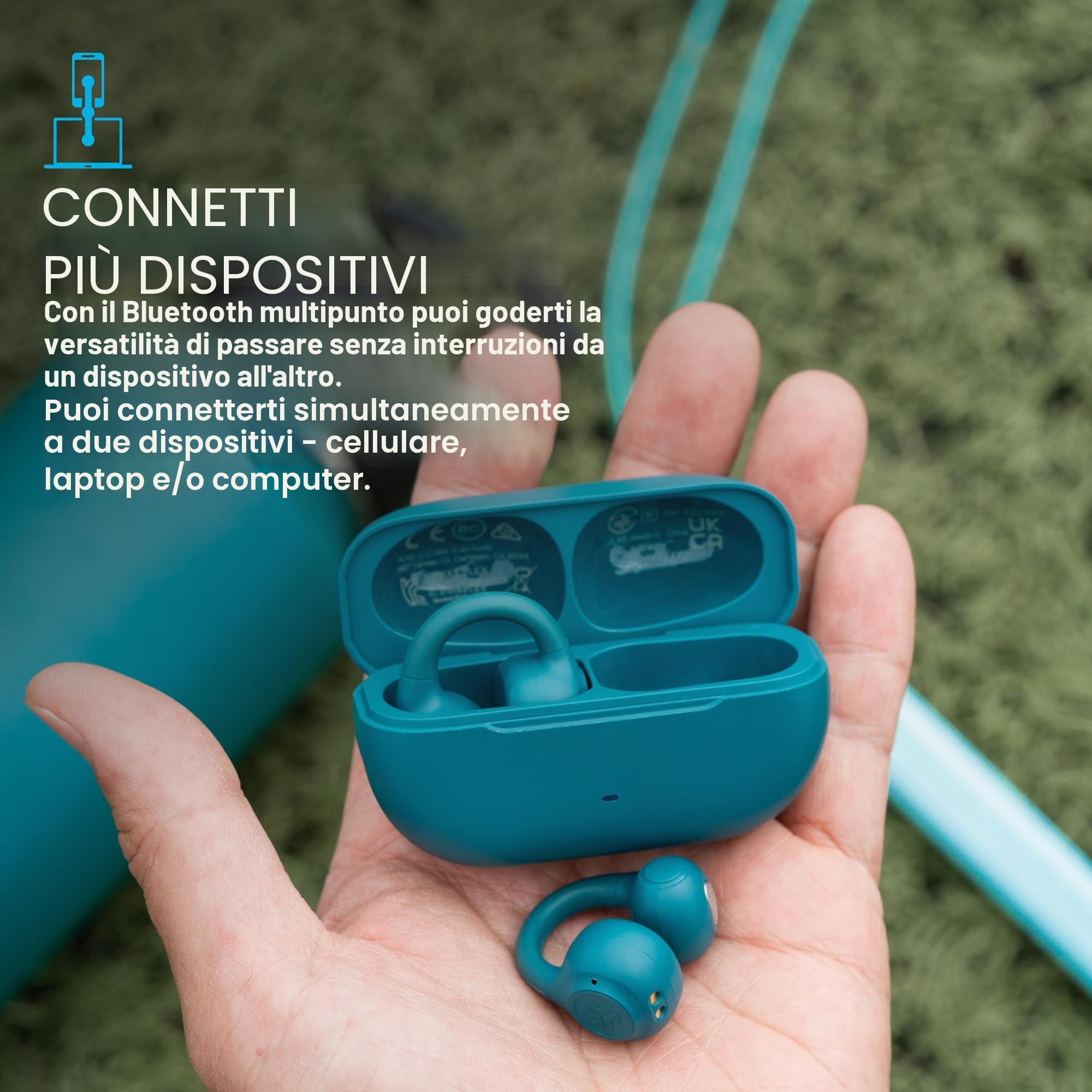 JLab Flex Cuffie Open Ear - Auricolari Open Ear Wireless, Design con Clip, 21H di Autonomia, Auricolari con Bluetooth Multipoint, Microfono MEMS, Personalizzazione con App, Verde Acqua