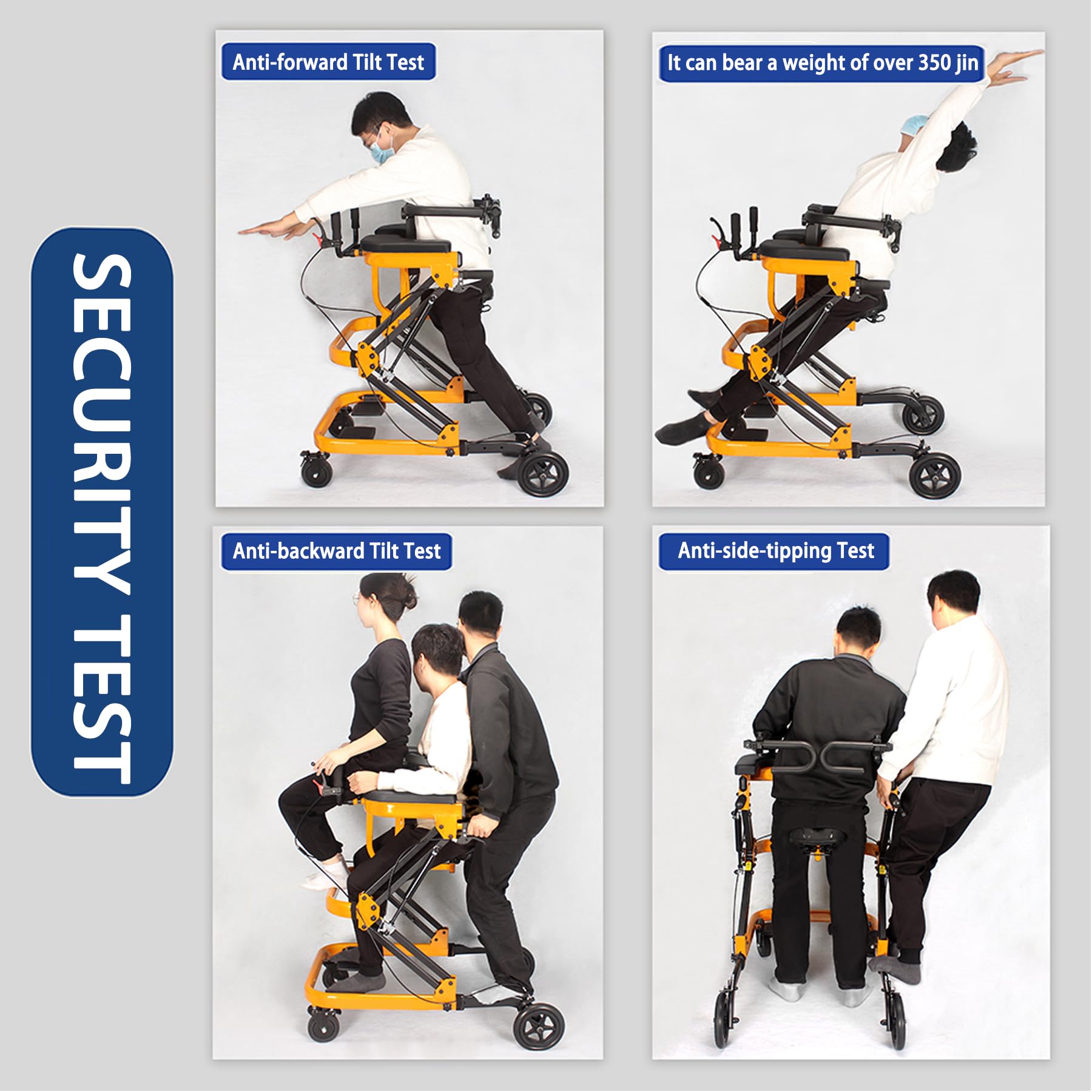 Walker di Riabilitazione Multifunzionale con addestramento in Piedi, Camminata e Carrello, Altezza Regolabile, Design Anti-inclinazione, Ideale per l'uso di casa e Clinica Yellow