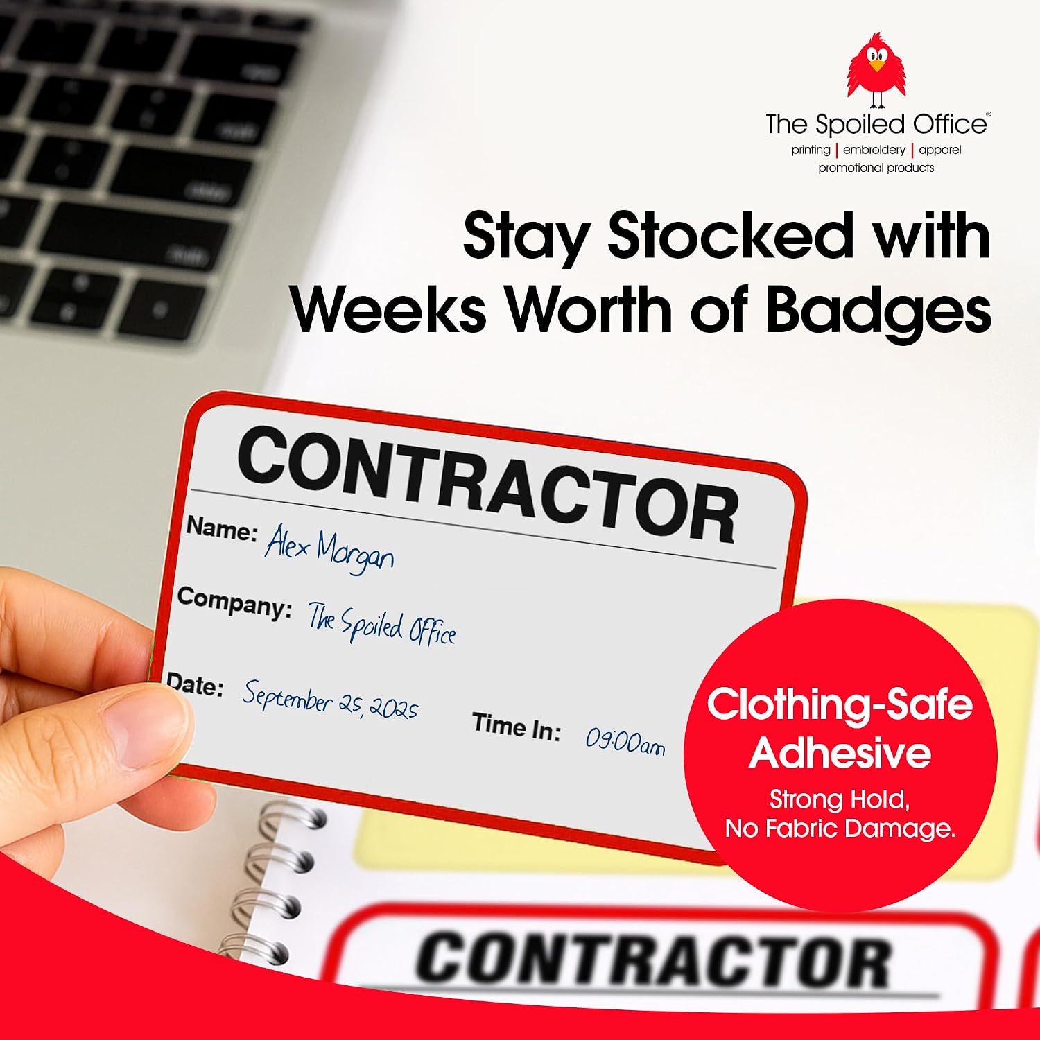 The Spoiled Office Visitor Sign in Book with 500 3"x2" Peel Off Carbonless Contractor Badges, Made in USA – Spiral Log Book for Hospitals, Schools, and Manufacturing Plants Use — Red Contractor
