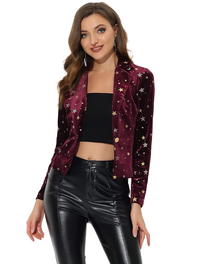 Allegra K Printed Velvet Blazer for Womens 1 Button Business Office Crop Halloween Metallic Stars Jacket Suits