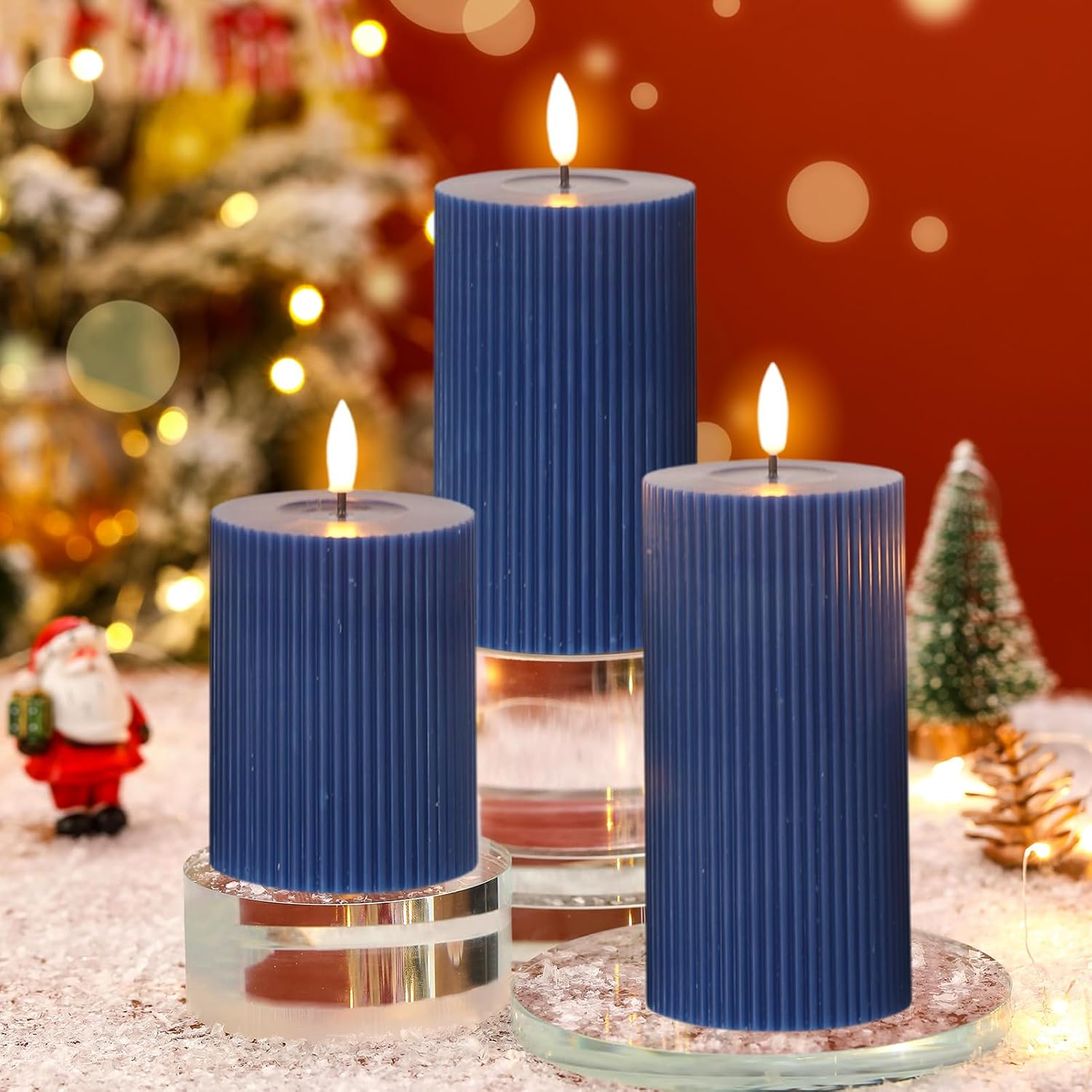 Battery Operated Flameless Candles with 6 Hour Timer 3 Pack Real Wax Vertical Stripe 3D Wick Flickering LED Pillar Candles Dinner Wedding Christmas Holiday Decor(Navy Blue, 3"D x 5", 6", 7"H)
